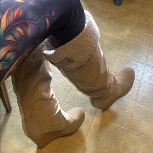 Cozy Beige Wedge Boots